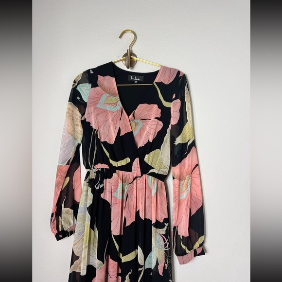 EUC Lulus Wondrous Water Lilies Black Floral High Slit Print Maxi Dress Size XS - Picture 10 of 16